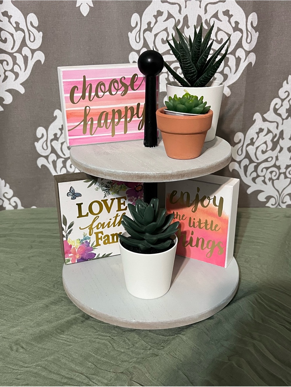 Tiered Wooden Display Stand in Light Gray